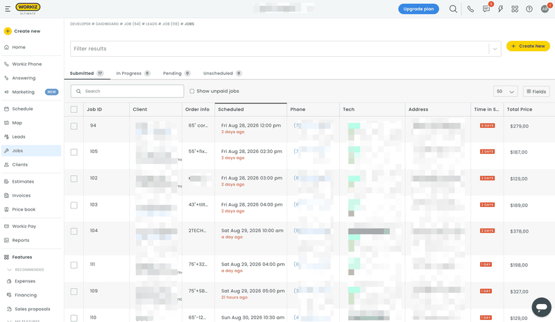 Работы в CRM: заявка, время визита, мастер и сумма заказа в одном списке